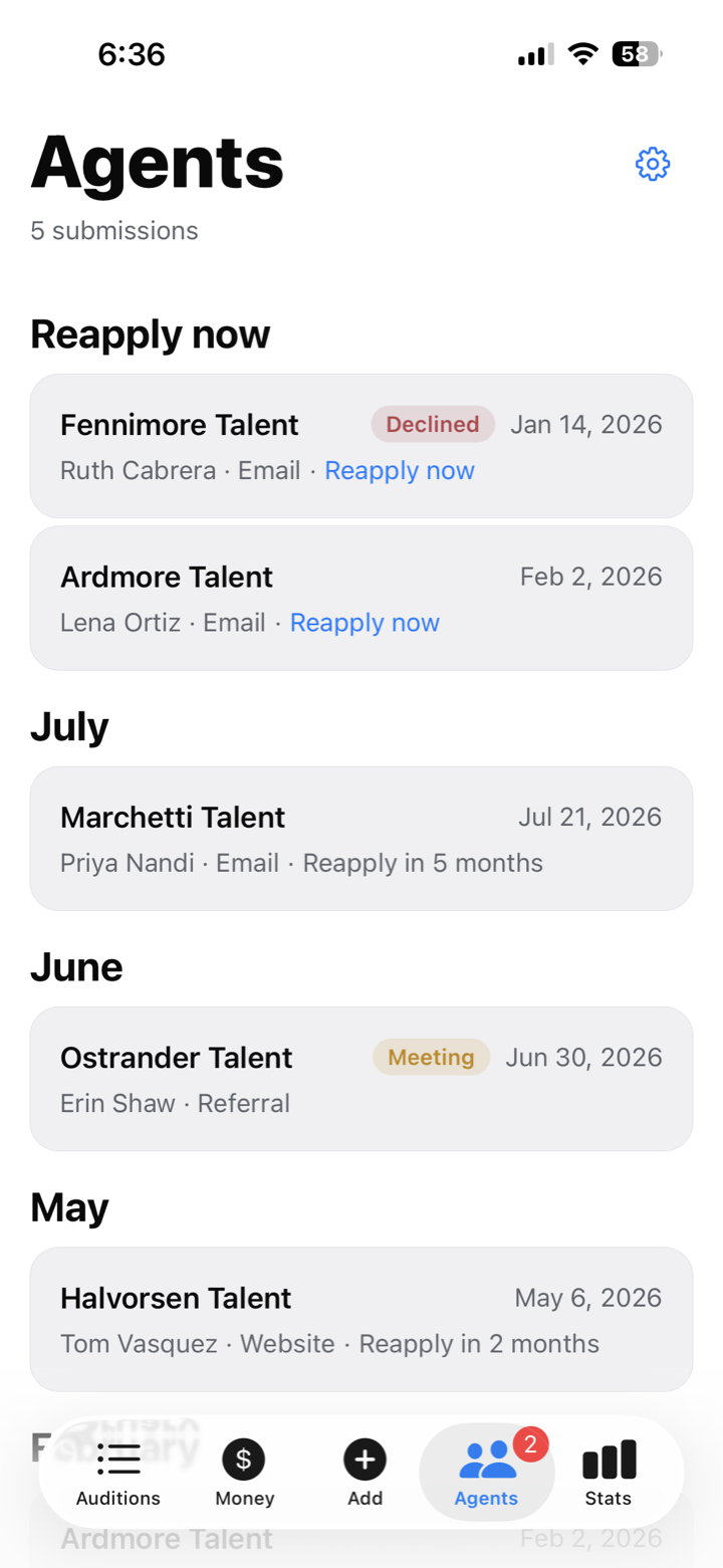 The Actor Desk agents screen, with a Reapply now group at the top and earlier submissions listed by month.
