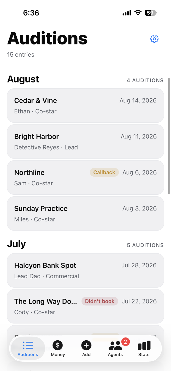 The Actor Desk audition list, grouped by month, each entry showing project, role and date, some marked Callback or Didn't book.